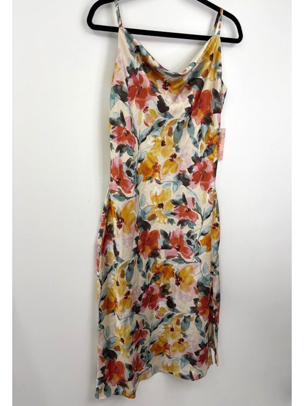 Inspired Hearts Spaghetti Strap Floral Midi Satin Cowl Neck Dress Size Large NEW - Picture 3 of 7
